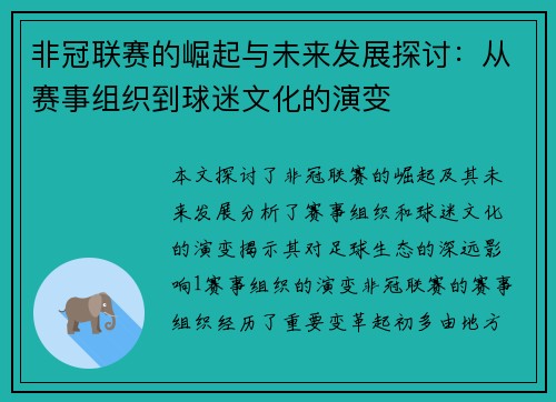 非冠联赛的崛起与未来发展探讨：从赛事组织到球迷文化的演变