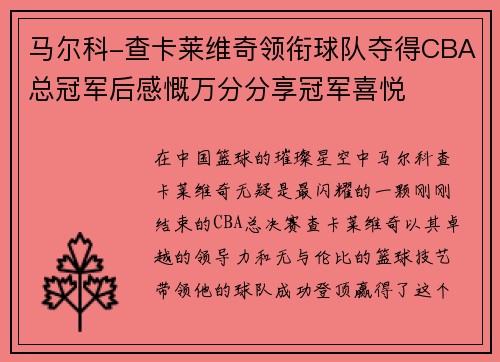马尔科-查卡莱维奇领衔球队夺得CBA总冠军后感慨万分分享冠军喜悦