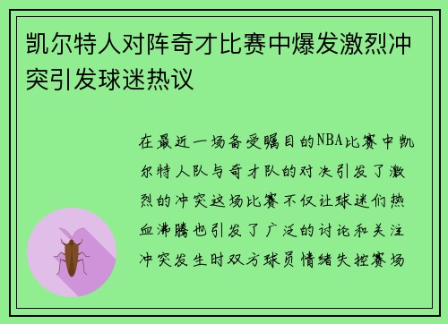 凯尔特人对阵奇才比赛中爆发激烈冲突引发球迷热议
