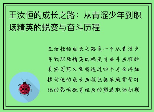王汝恒的成长之路：从青涩少年到职场精英的蜕变与奋斗历程