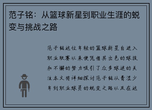 范子铭：从篮球新星到职业生涯的蜕变与挑战之路