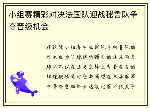 小组赛精彩对决法国队迎战秘鲁队争夺晋级机会