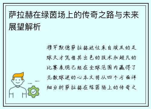 萨拉赫在绿茵场上的传奇之路与未来展望解析
