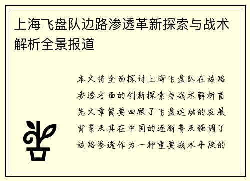 上海飞盘队边路渗透革新探索与战术解析全景报道