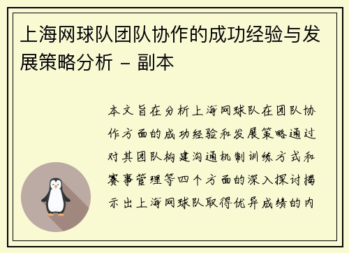 上海网球队团队协作的成功经验与发展策略分析 - 副本