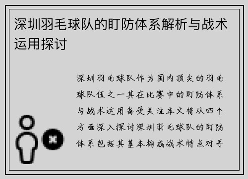 深圳羽毛球队的盯防体系解析与战术运用探讨