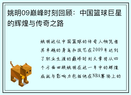 姚明09巅峰时刻回顾：中国篮球巨星的辉煌与传奇之路